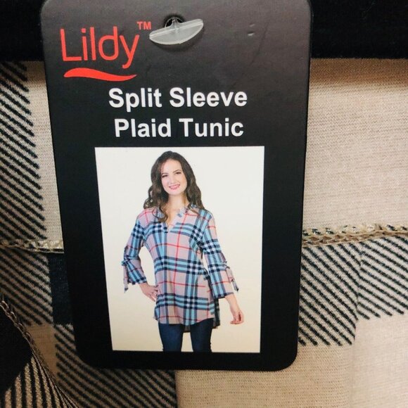 Lildy Womens Plaid Tunic Top NWT Split 3/4 Slv L XL Relax Neutral Office Casual - Picture 10 of 10